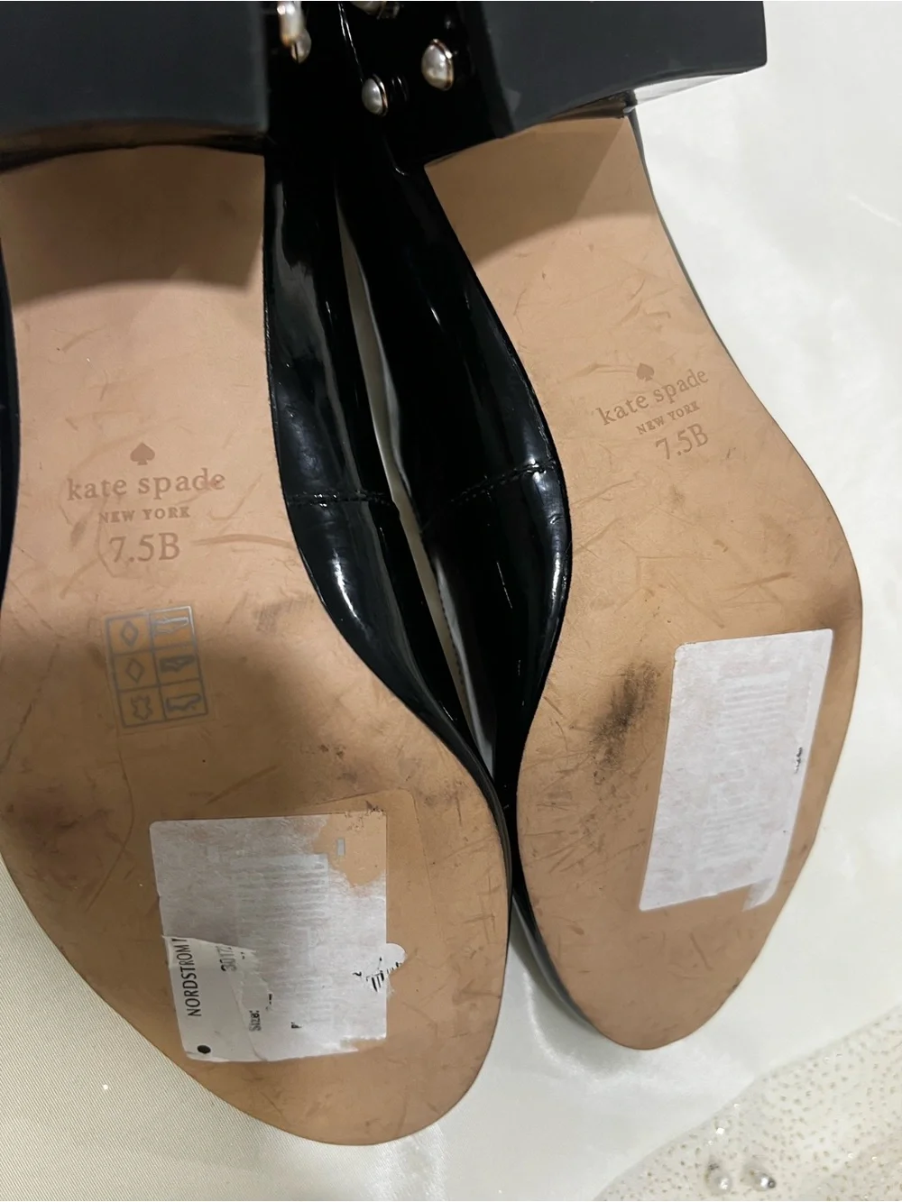 kate spade Black Patent Leather Mary Jane Heeled shoes with Pearl Studs